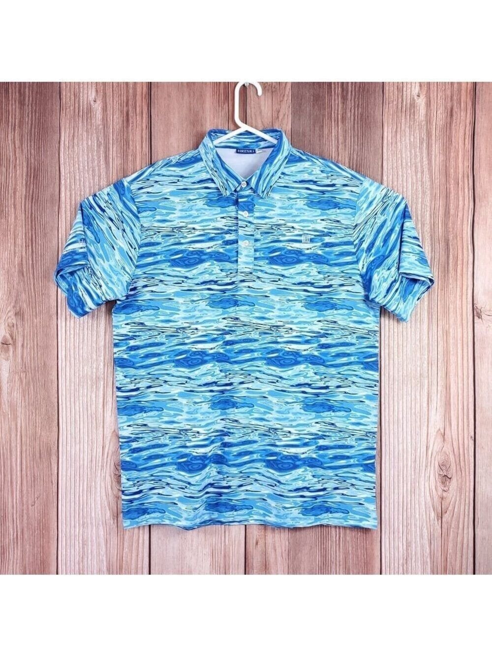 Hreski Mens Large Water Waves Short Sleeve Performance Golf Polo Shirt Blue
